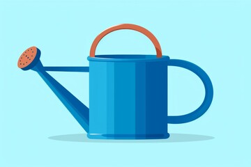 A Blue Watering Can With a Wooden Handle