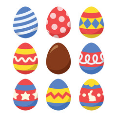 Easter eggs with colorful modern pattern. Chocolate egg. Bunny, Rabbit. Cute cartoon design elements for happy seasonal holiday greeting card, poster, ads banner, promotion, party decoration.