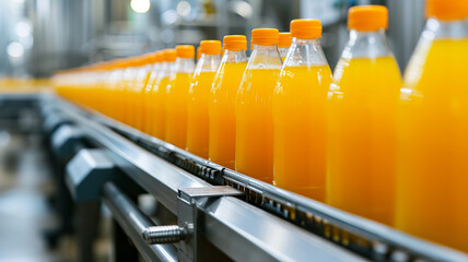 bottls of fruit juice on beverage factory conveyor belt for quality control