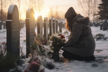 In a poignant moment, a woman sits beside a grave adorned with flowers, paying heartfelt tribute to a departed loved one. - obrazy, fototapety, plakaty