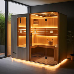 Sauna features wooden floor and window, utilizing infrared technology