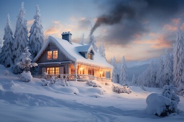 Winter house in the mountains at sunset, Carpathians, Ukraine - obrazy, fototapety, plakaty