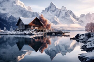 Beautiful winter landscape at Lofoten islands, Norway. Beautiful wooden house in the winter forest. The house is covered with snow. Winter holiday concept