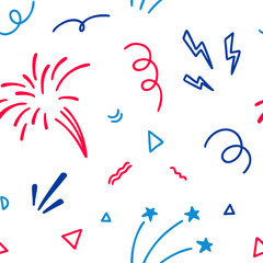 4th of July USA Independence Day doodle seamless pattern. America flag blue, red and white colors. 14th of July Happy National day of France firework design