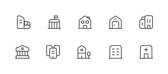 Buildings line icon set. Bank, school, courthouse, university, library. Architecture concept.