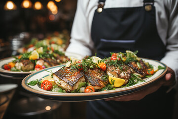 A waiter holding two plates of delicious fish dish at a catering event. - obrazy, fototapety, plakaty