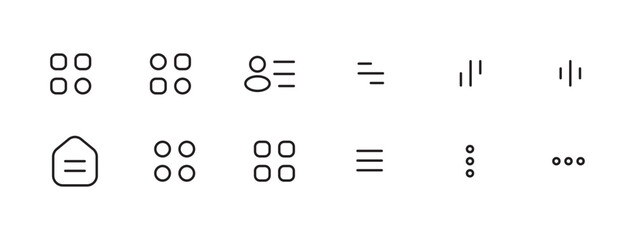 Most common app icon set for navigation and action bars, tabbar. All menu types. Best customizable icons set with grid for apps and web