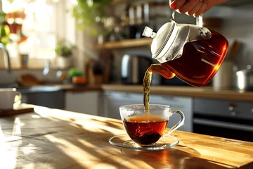 Foto op Canvas pouring black tea into a glass cup, a healthy warming drink © Marina Shvedak