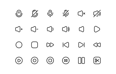 Set of Media player icons in line style and Microphone icon set.