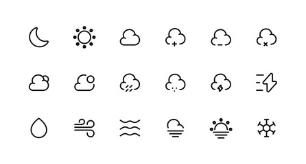 Weather line icons set. Sun, rain, thunder storm, dew, wind, snow cloud, night sky minimal vector illustrations.