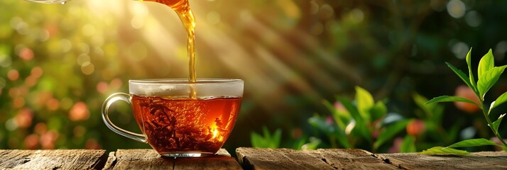 pouring black tea into a glass cup, a healthy warming drink - obrazy, fototapety, plakaty