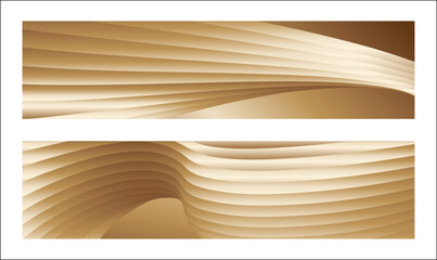 Wavy golden parallel gradient lines, ribbons, silk. Golden with shades of yellow background, banner, poster. Set of 2 backgrounds. Eps vector