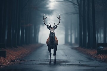A tranquil scene unfolds as a deer stands on the road near the forest during a misty morning, creating a magical and enchanting moment.