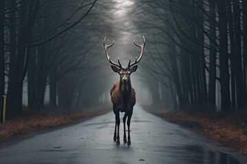 A tranquil scene unfolds as a deer stands on the road near the forest during a misty morning, creating a magical and enchanting moment.