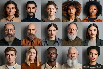 collage of diverse people of ages and nationalities, black woman and man, european, caucasian and african american race persons