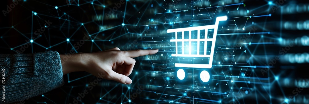 Poster global e commerce businessman touching shining icon on network structure with holograms