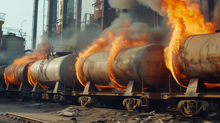 Large tanker with oil products burns on the railway, accident, disaster with fire on the railway