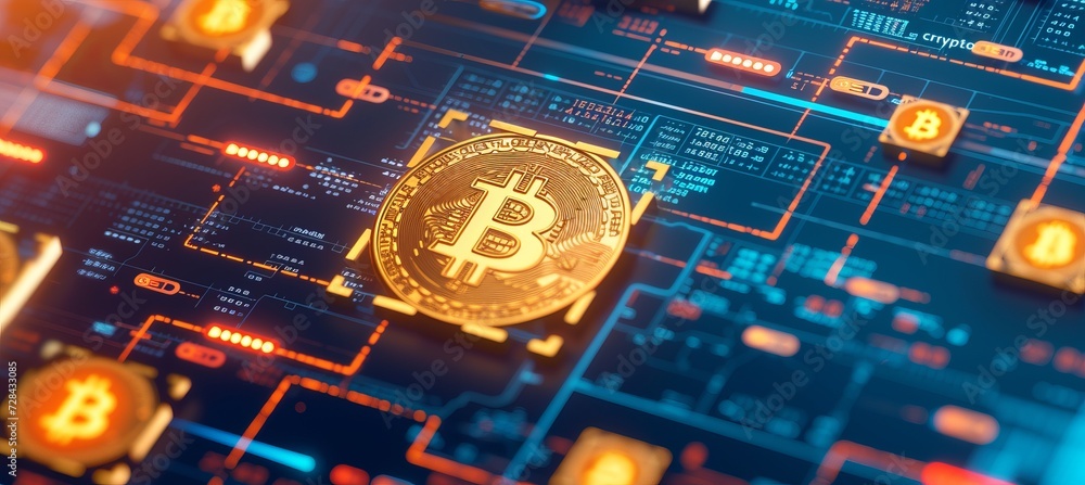 Poster interactive holographic shining icon of crypto in the air with ample copy space for text placement