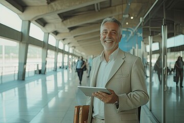 Fototapeta premium Modern businessman standing at airport with smartphone in hand and bag slung over shoulder epitomizing blend of professionalism and travel captures essence of young