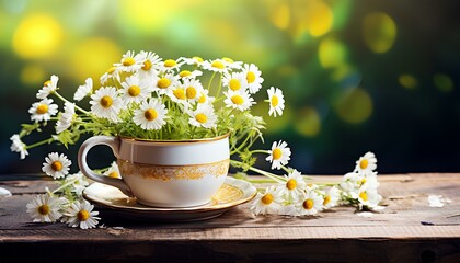 Chamomile flowers in cup on wooden table with sun shining in celebration of spring. Cup of tea with flowers inside. White chamomile flower. Calming white flower still in a teacup in nature