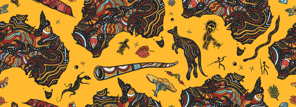 Travel background. Australia seamless pattern. Outdoors art. Ethnic Australian map, kangaroo, didgeridoo, rock painting