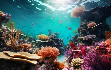 Fototapeten Under the sea life poster. Colorful coral reef underwater with fish and rocks, sun light, POV. Shallow bottom. AI Generative. © your_inspiration
