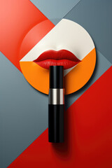 Red lipstick on an abstract geometric background with a pop art lip pattern