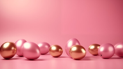 A cluster of shimmering pink and gold eggs adorned with pearly beads, exuding a luxurious and elegant aura