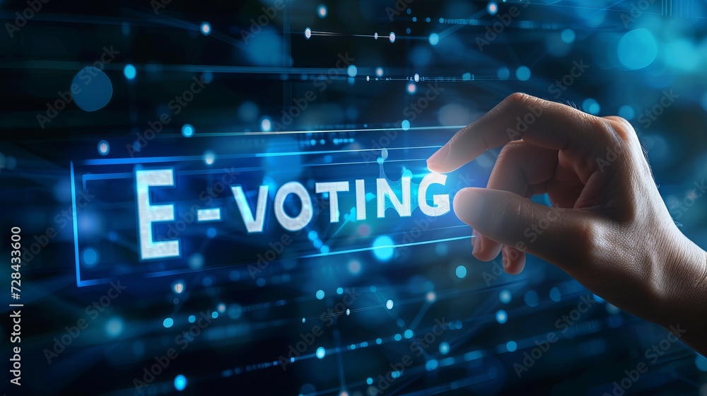 Poster e voting concept with shining text over dark blue background with security holograms and copy space