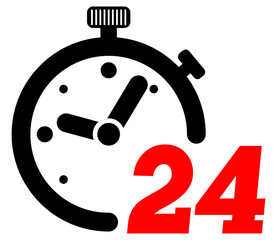 Stopwatch clock and 24 hours vector illustration. Black and White line art style, editable vector Illustration file on transparent background.