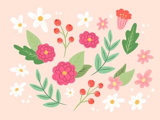 Flower collection with leaves, spring flowers, botanical elements. Hand drawn vector illustration.