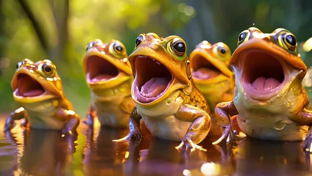 A group of frogs in a heated croakoff with one trying to impress the judges by belting out a highpitched opera solo while the others look on in shock.