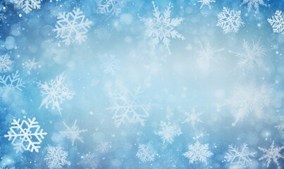 Naklejka na ściany i meble Christmas white snowflakes in the blue sky at a window shutter backgrounds. Freezing winter holiday, blue snowflakes background.
