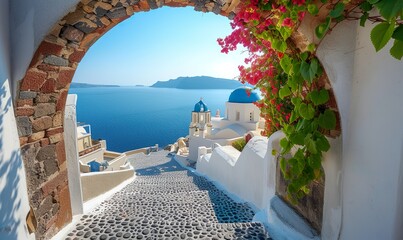 An arched gateway offering a glimpse of the sea, embodying the quintessential beach living of Santorini Island style - obrazy, fototapety, plakaty
