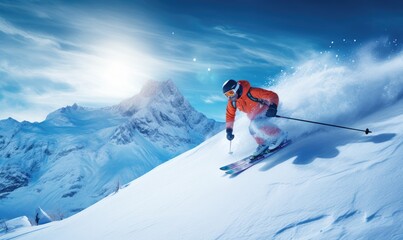 Naklejka na ściany i meble Skilled skier is skiing down from mountain in beautiful winter landscape