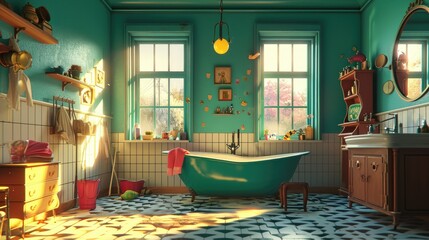  Retro-inspired bathroom with a classic clawfoot tub and eclectic decor bathed in warm, natural light. AI Generative.