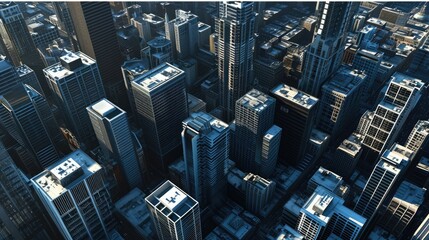 Aerial view of a dense urban cityscape with a focus on the complex patterns of high-rise buildings. AI generative.