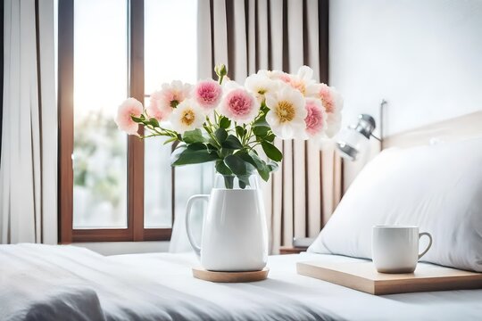 Closeup of coffee cup and flower in glass vase on the bedside table of bright bedroom interior, real photo with copy space on the empty wall