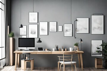 Posters on grey wall above wooden desk with computer monitor in open space interior