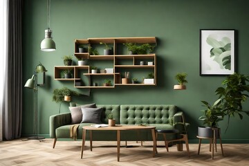Wooden desk, wall organizer and green walls in a living room interior with sofa and armchair