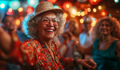 People retired seniors having fun at a party, a discotheque - obrazy, fototapety, plakaty
