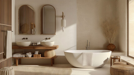 Aesthetic wabi sabi bathroom interior design in brown and white shades with solid oak and rattan furniture