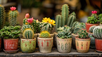 Various cacti with flowers in pots. Generative AI