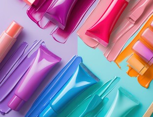 Multicolored cosmetics tubes, makeup background. Generative AI - obrazy, fototapety, plakaty