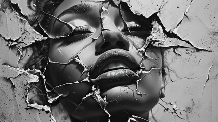 Portrait of girl on torn poster or cracked plaster. Generative AI