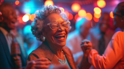 People retired seniors having fun at a party, a discotheque