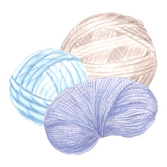 Skeins of yarn and tangles of threads. Watercolor composition Template illustration of balls of wool for hobby knitters. Isolated hand drawn illustration for postcards, knitter blog, needlework store.