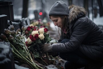 With reverence and remembrance, a woman sits beside a grave adorned with flowers, honoring the memory of a beloved friend or family member.