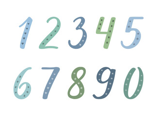 Numbers 1, 2, 3,  4, 5, 6, 7, 8, 9, 0 handwritten lettering with thick and thin lines. Blue and green figures decorated with patterns on white background. Festively decorated digits.