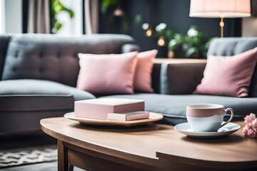 Closeup of two coffee cups on the table in elegant living room with grey couch with pastel pink pillows, stylish armchair and vintage cabinet concept photo